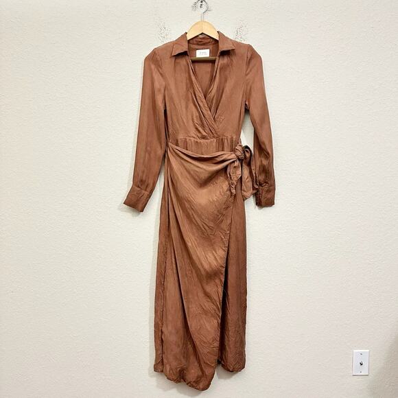 DISSH Wrap Dress Brown Long Sleeve Midi Tie Waist Shoulder Pads - Picture 1 of 15